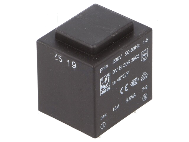 Transformator: ingegoten; 3,6VA; 230VAC; 15V; 240mA; PCB; BVEI Transformator: ingegoten; 3,6VA; 230VAC; 15V; 240mA; PCB; BVEI
